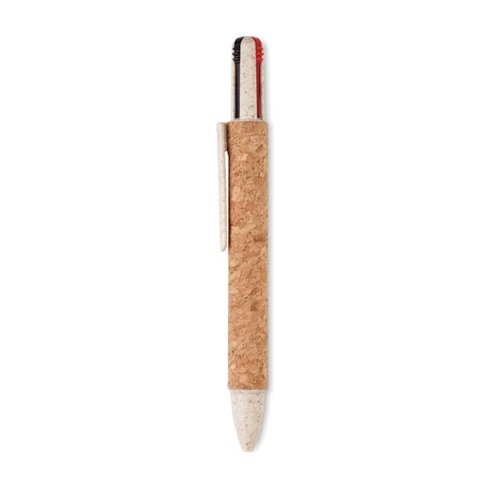 A pen with a cork barrel, featuring black, red, and white writing ends. It has a clip for easy attachment.