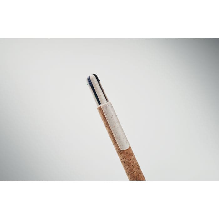A pen with a cork grip and a silver tip, featuring a minimalistic design and a subtle branding element.