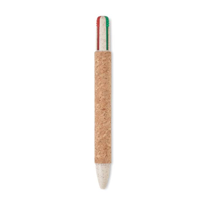 A cork-covered pen with a white tip and red and green stripes at the top, featuring a simple design.