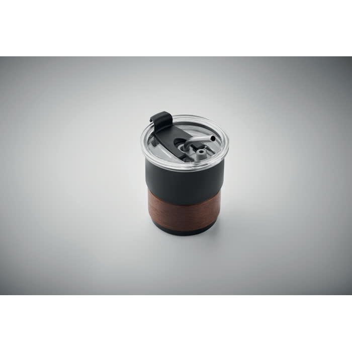 A drink bottle in black with a wooden finish, featuring a clear lid and a straw opening, positioned on a grey background.