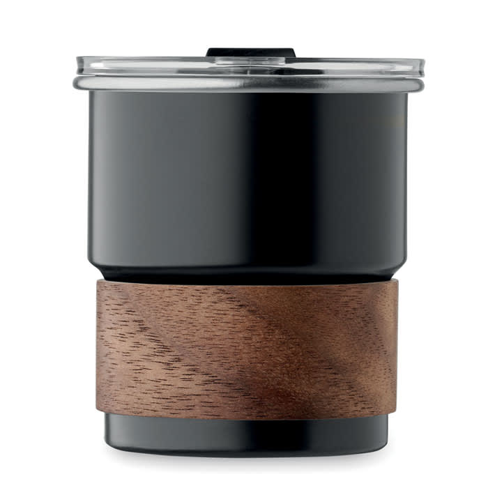 A drink bottle in black with a wooden band around the middle and a clear lid. It features a logo on the side.