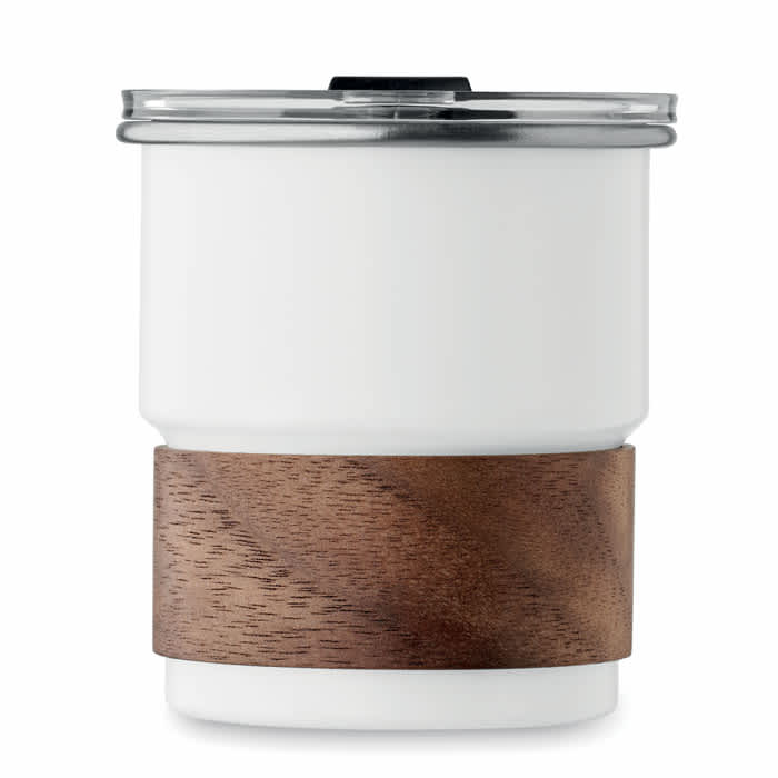 A drink bottle featuring a white body and a wooden band, topped with a silver lid. It has a logo on it.