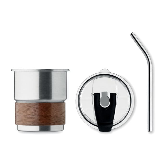 A drink bottle featuring a stainless steel body with a wooden band, a clear lid, and a metal straw.