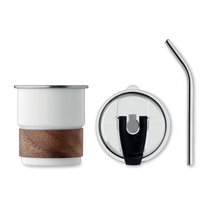 A drink bottle in white with a wooden band and a stainless steel straw, featuring a clear lid.