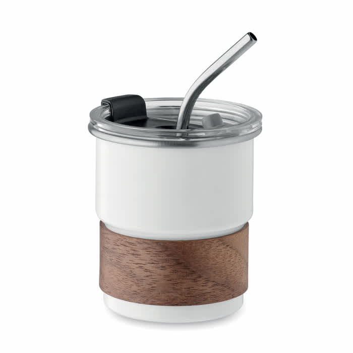 A drink bottle featuring a white body, a wood accent, and a metal straw, topped with a clear lid.