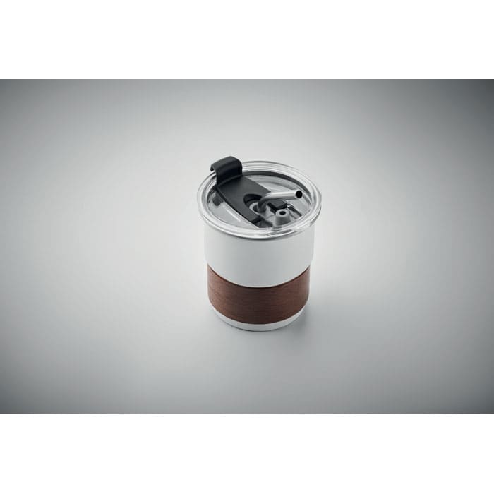 A drink bottle with a silver body and a brown silicone grip, featuring a black, pull-top lid.