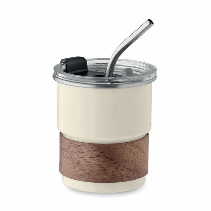 A drink bottle in cream with a wood band and metal straw, featuring a clear lid and internal straw mechanism.