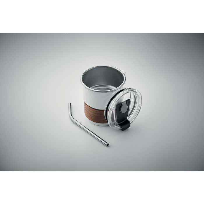 A drink bottle in silver and white with a wooden band, accompanied by a metal straw and a clear lid.