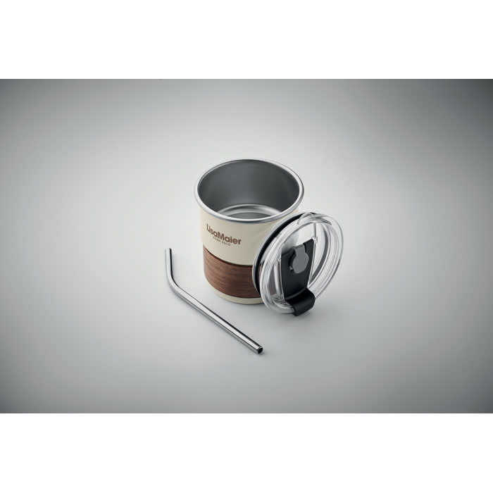 A drink bottle in soft cream with a clear lid and a stainless steel straw. The base has a textured brown band.