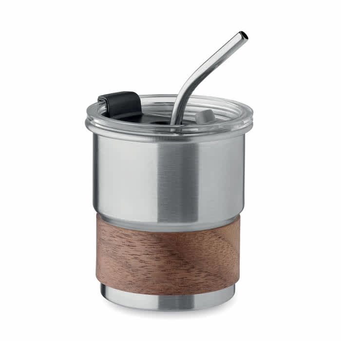 A drink bottle featuring a stainless steel body, a wooden base, and a straw, along with a logo on the lid.