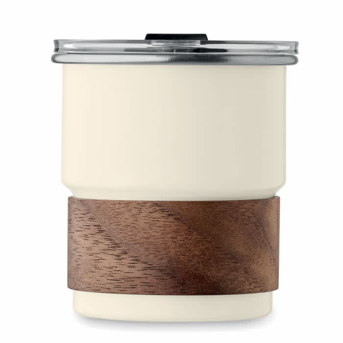 A drink bottle featuring a cream body and a wooden band, topped with a silver lid. It has a logo on the side.