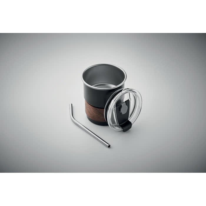 A drink bottle with a black exterior, wooden band, clear lid, and stainless steel straw. It has a logo on the lid.