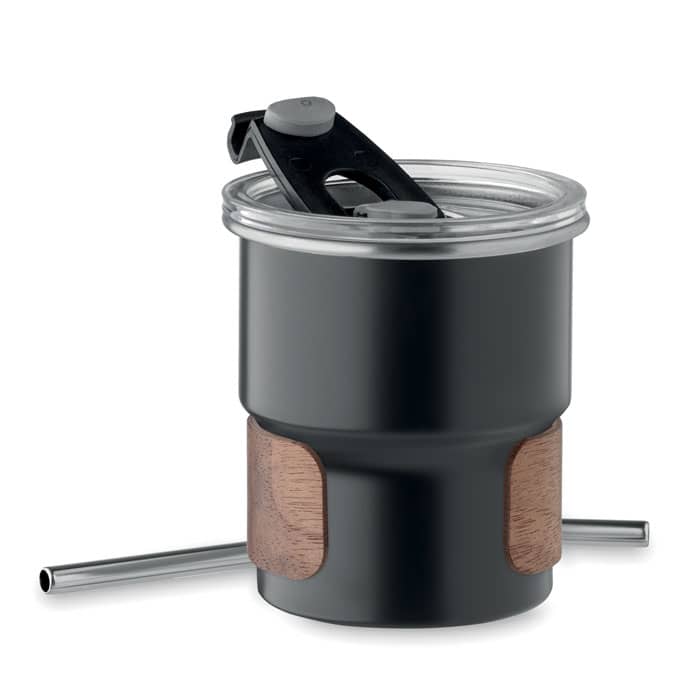 A drink bottle in black with a clear lid, featuring a wooden grip and a metal straw. It has a logo on the side.