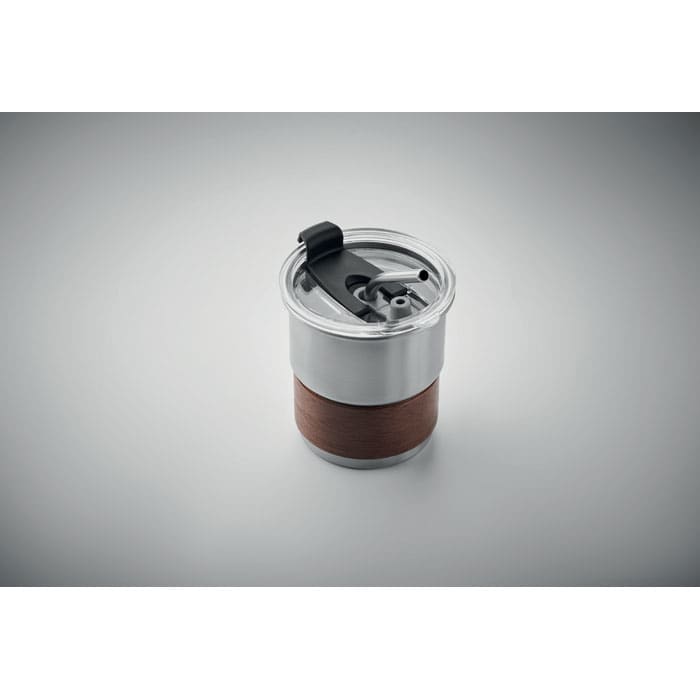 A drink bottle with a silver top and a brown cylindrical body, featuring a lid with a straw opening and a logo.