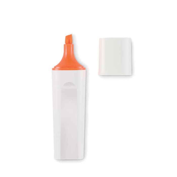 A drink bottle in white with an orange lid and matching top, featuring a logo on its side.