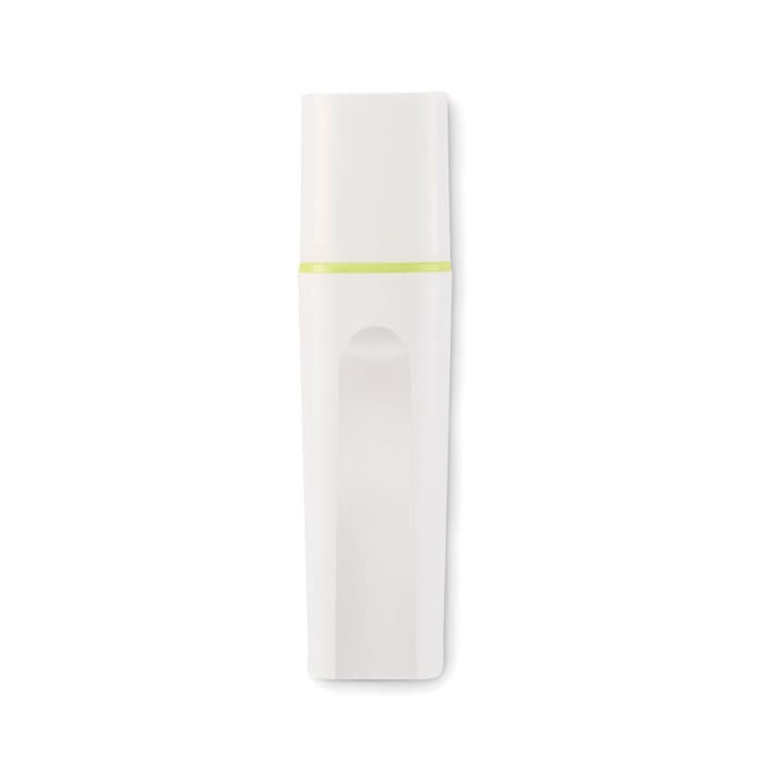 A drink bottle in white with a green accent, featuring a smooth, streamlined design and a logo.