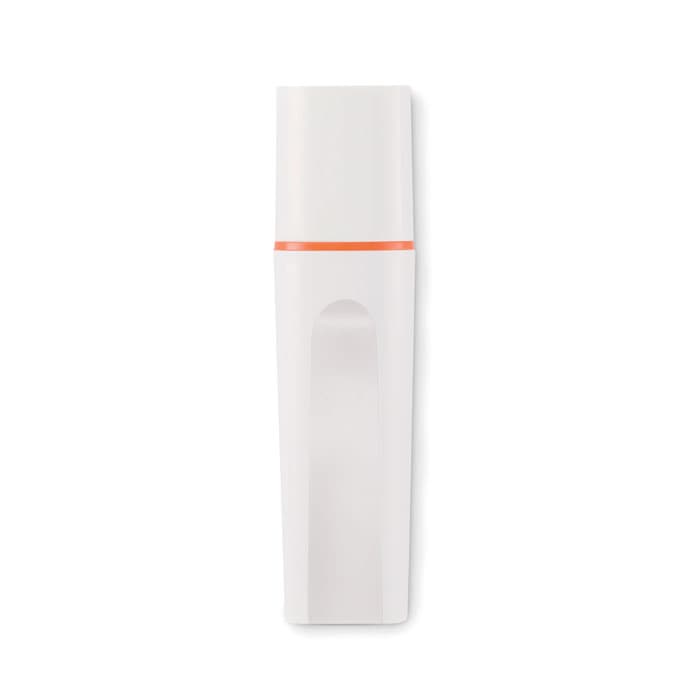 A drink bottle in white with an orange accent, featuring a sleek, modern design and a logo.