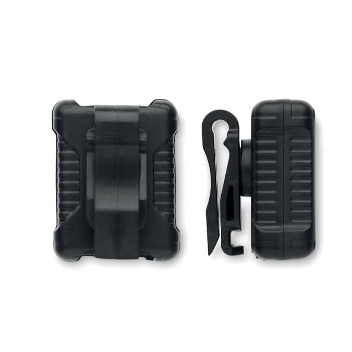 A drink bottle in black with a clip design, featuring a textured exterior and a compact shape.