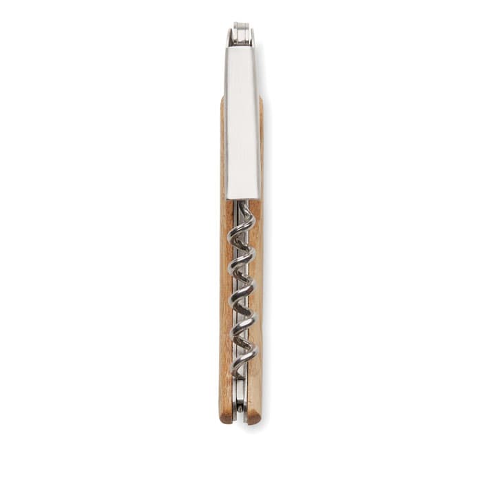 A corkscrew with a wooden handle and a metal spiral, featuring a sleek, minimalist design and a metallic finish.
