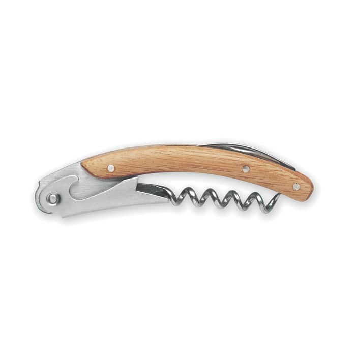 A corkscrew with a wooden handle and metallic features, designed for opening bottles.