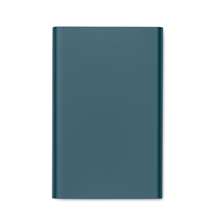 A teal notebook with a smooth cover and a simple design. It has a logo on the front.