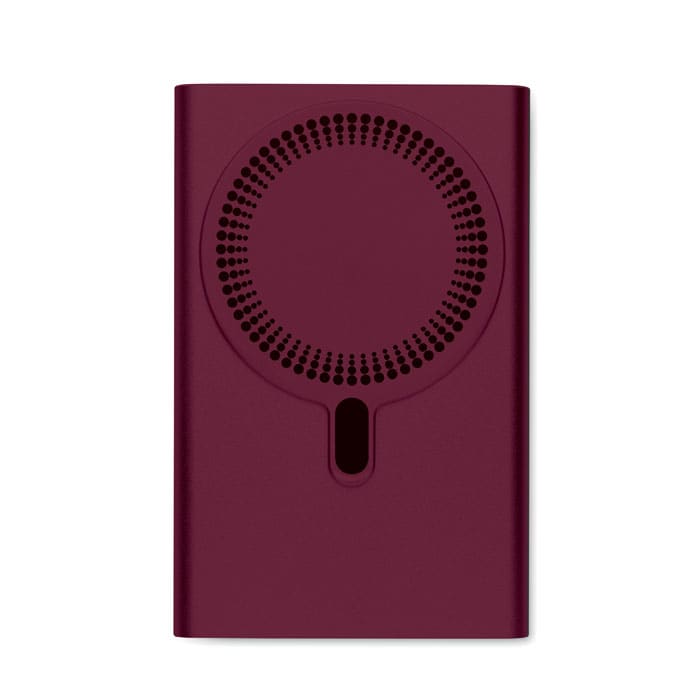 A drink bottle in a deep burgundy colour with a circular design and a logo on the front.