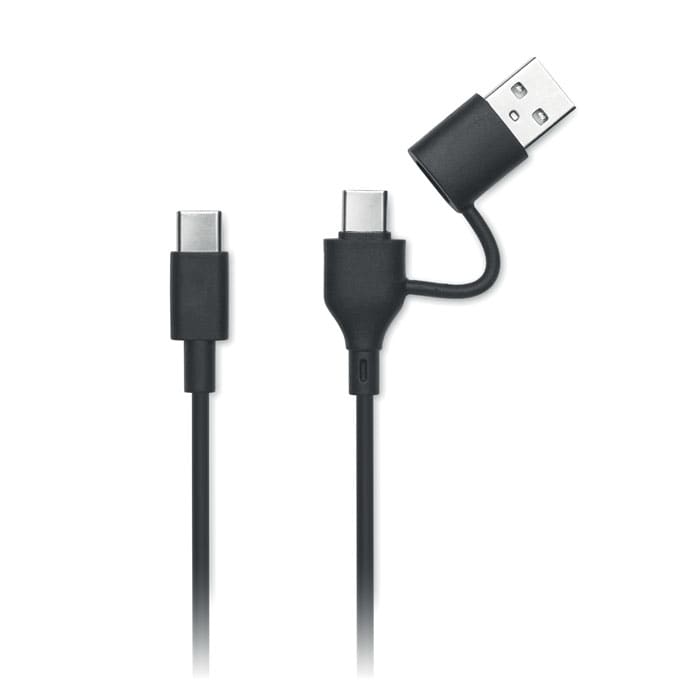A black USB charging cable with a USB Type-A connector and a USB Type-C connector.