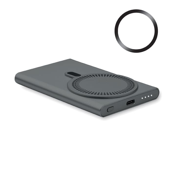A sleek grey power bank with a circular design on one side and a USB-C port, featuring a power indicator.