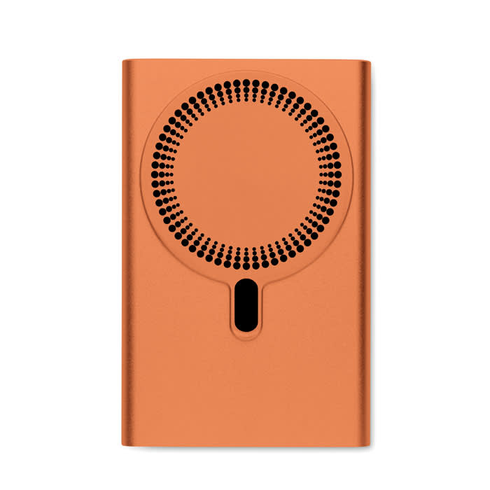 An orange drink bottle with a circular design and a central opening, featuring a logo.