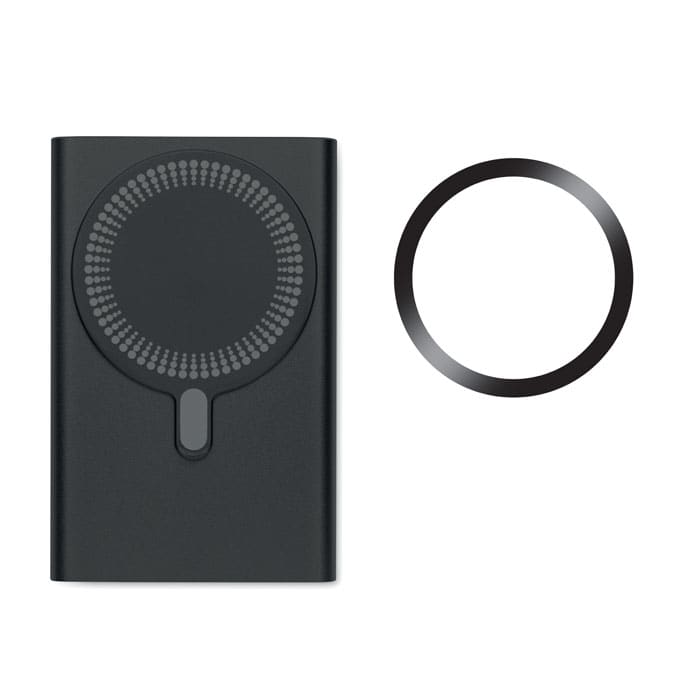 A drink bottle in matte black with a circular design and a separate matching ring. It features a logo.