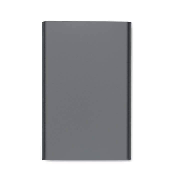 A sleek, grey rectangular product with a minimalist design, featuring a logo on one side.