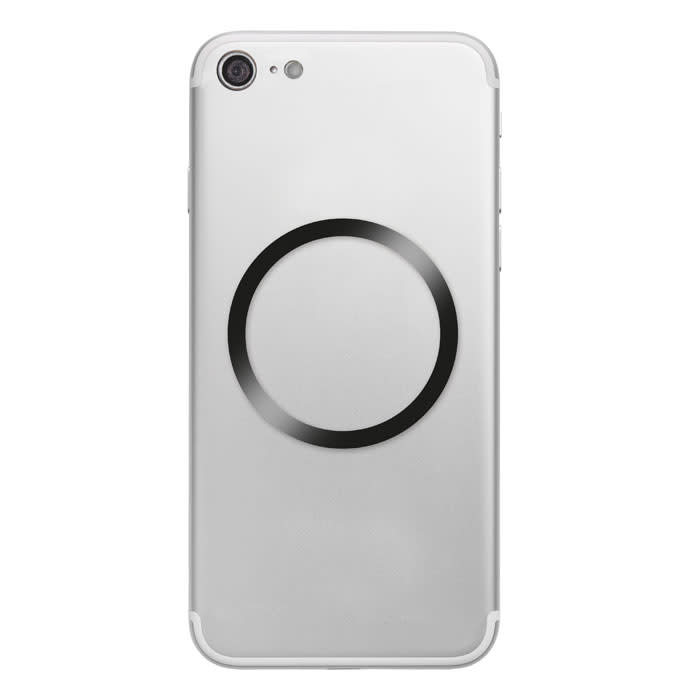 A sleek silver phone case featuring a black circular design on the back, with a minimalistic style.