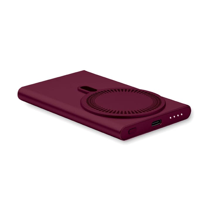 A drink bottle in a burgundy colour with a circular design, featuring a charging port and indicator lights. It has a logo.