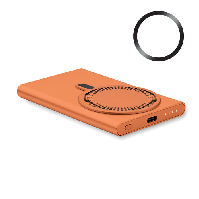 A drink bottle in vibrant orange with a circular design feature and a black ring accessory alongside it.