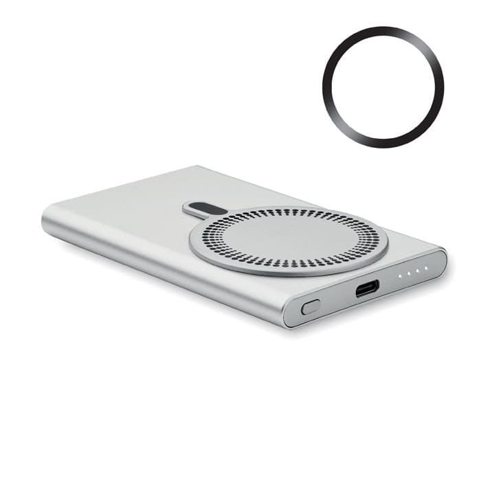 A drink bottle in silver with a circular perforated design on the top and a USB-C charging port.