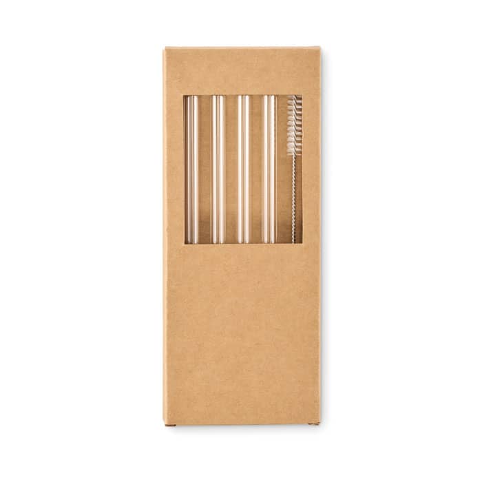 A set of glass drink straws in a cardboard box, featuring a cleaning brush and multiple straws.