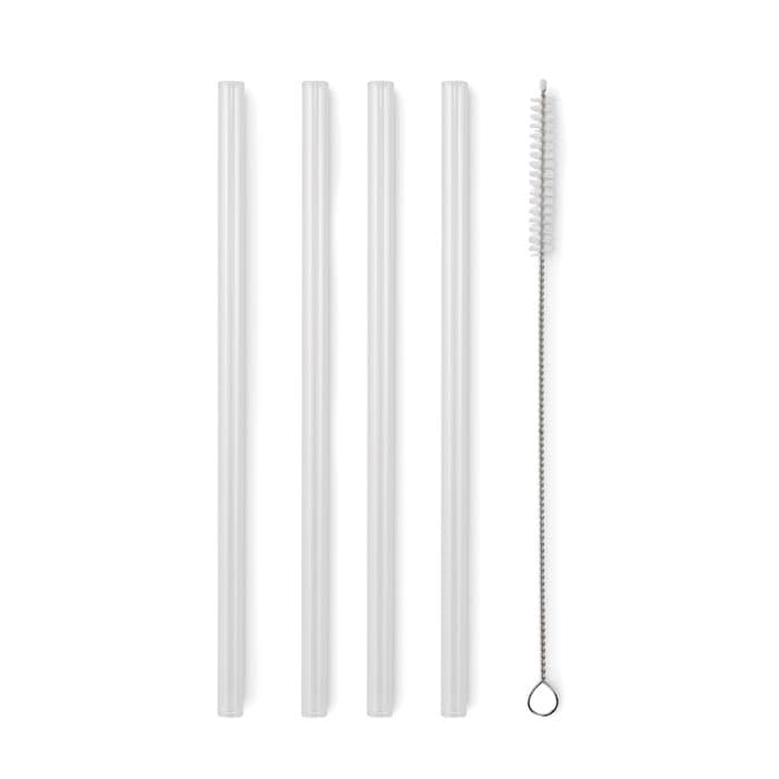 A set of four clear drinking straws and a cleaning brush, all in white.