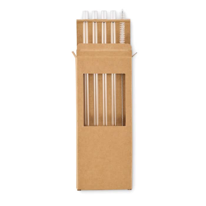 A cardboard box containing multiple glass straws and a cleaning brush, with a clear window on the front.