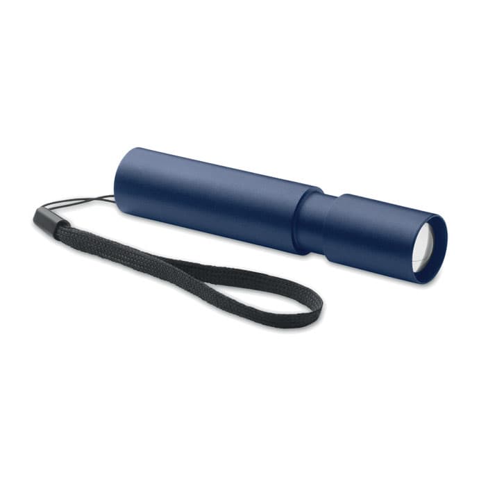 A flashlight featuring a navy blue body and a wrist strap for easy carrying. It has a simple, cylindrical design.