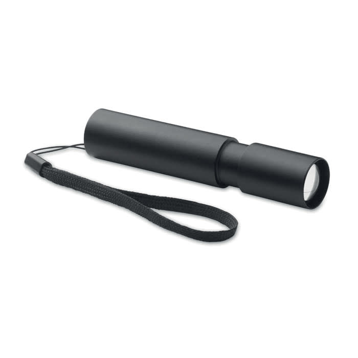 A black flashlight with a wrist strap, featuring a cylindrical design and a narrow lens at one end.