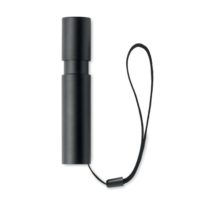 A drink bottle in a sleek black finish, featuring a wrist strap for easy carrying and a simple cylindrical design.