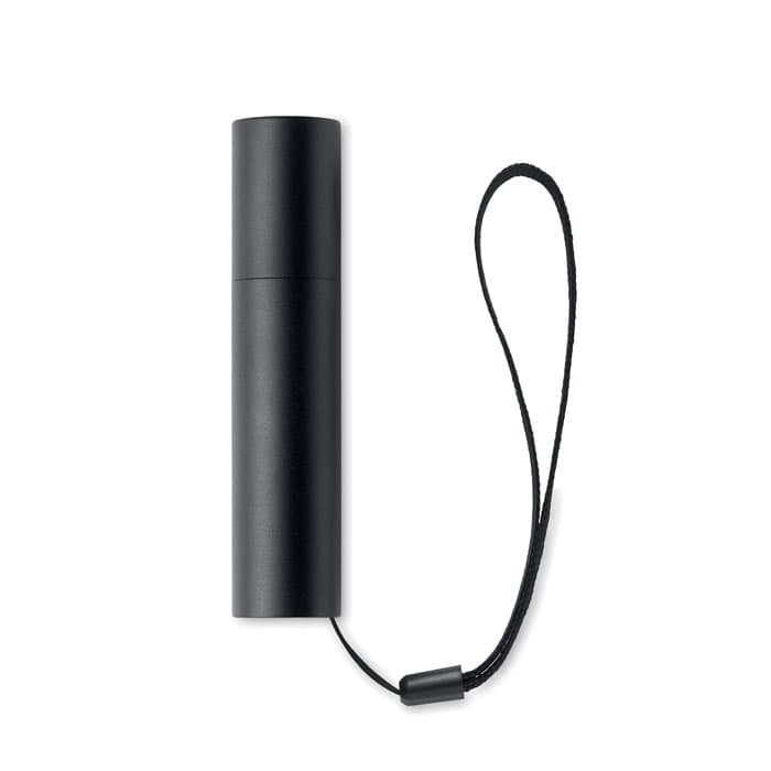A drink bottle in matte black with a detachable wrist strap, featuring a sleek cylindrical design.