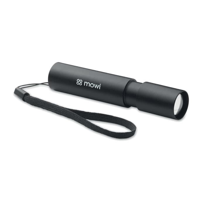 A black torch with a wrist strap and a logo. The design is sleek and cylindrical.