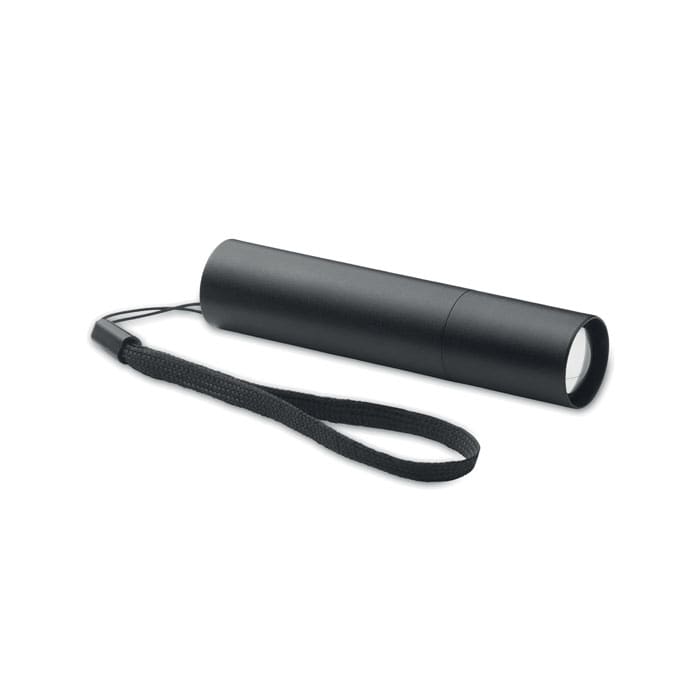A black cylindrical flashlight with a wrist strap attached. The design is sleek and minimalistic.
