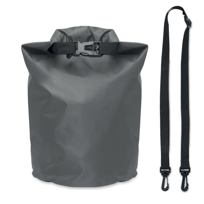 A grey waterproof bag with a roll-top closure and a detachable black strap. Includes a branding logo.
