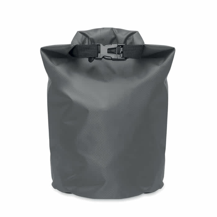 A grey waterproof bag with a roll-top closure and a buckle strap. It has a textured surface and a logo.