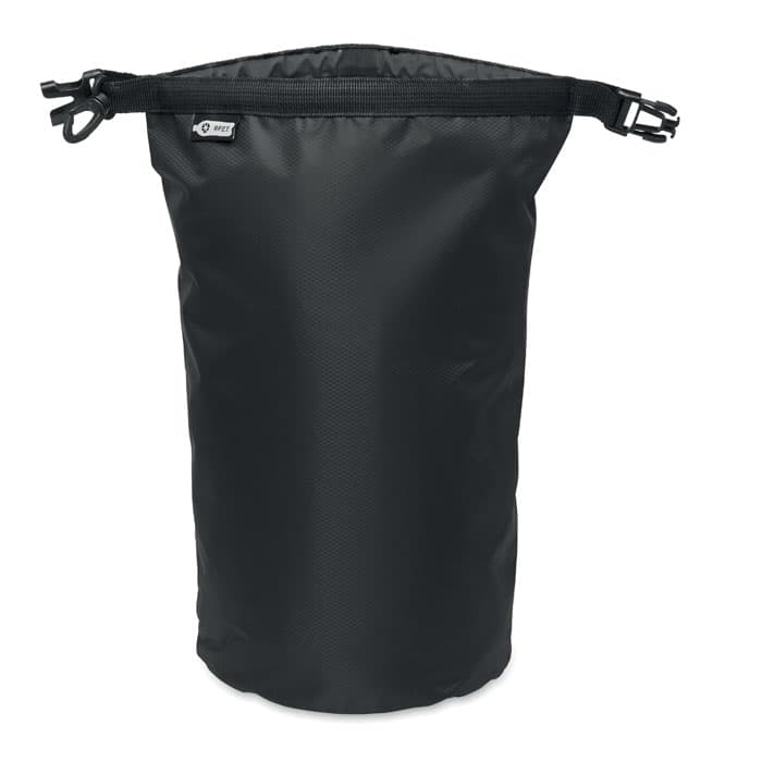 A black drawstring bag with a smooth texture and a branded logo at the top.