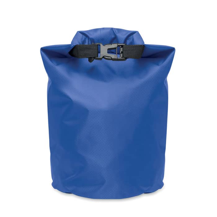A blue waterproof bag with a roll-top closure and adjustable strap. It has a logo on the front.