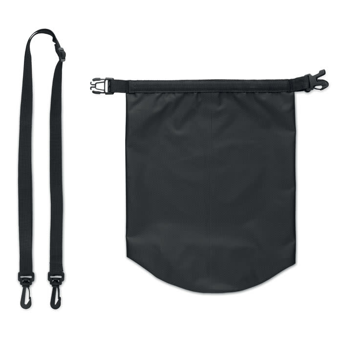 A black promotional bag with adjustable straps, featuring a secure closure at the top and a durable design.