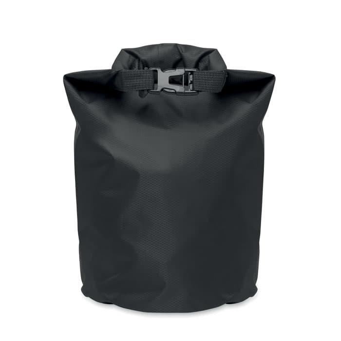 A black waterproof bag with a roll-top closure and buckle fastening, featuring a textured surface.